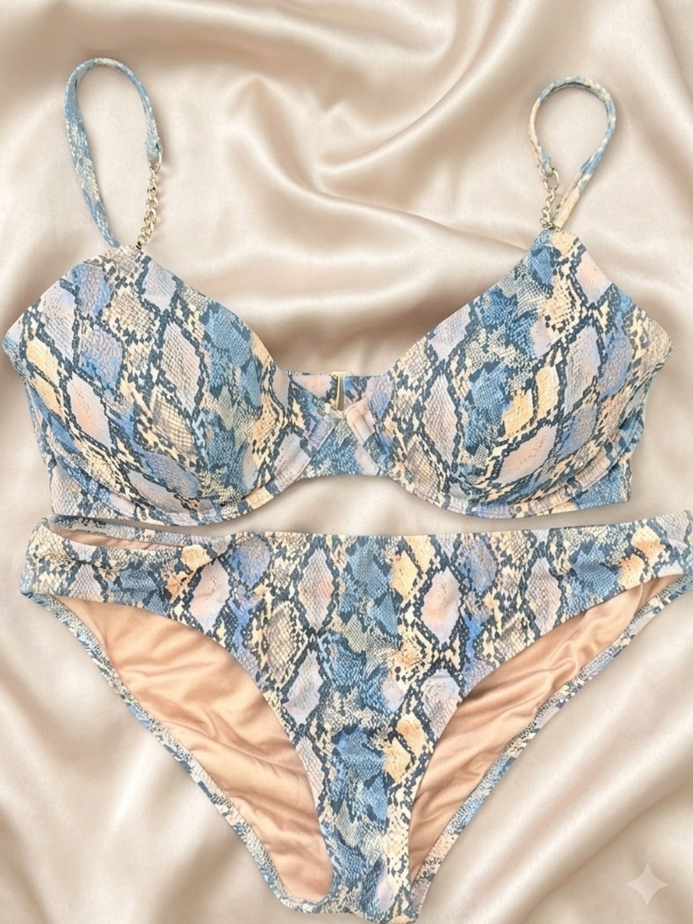 Shade & Shore Blue and Cream Snake-Print Underwire Chain Straps Bikini Set 2pc